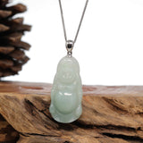 "Laughing Buddha" Genuine Green Jadeite Buddha Pendant Necklace With Silver  Bail