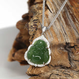 Sterling Silver Genuine Nephrite Green Jade Small Buddha Pendant Necklace