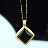 Sterling Silver Black Nephrite Jade Classic Square Pendant Necklace