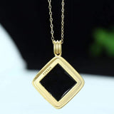 Sterling Silver Black Nephrite Jade Classic Square Pendant Necklace