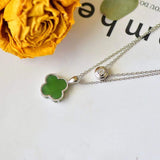 Sterling Silver Real Green Nephrite Jade Lucky Four Leaf Pendant Necklace
