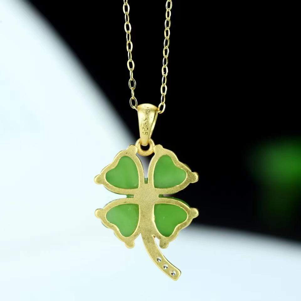 Sterling Silver Real Green Nephrite Jade Four Leaf Clover Pendant Necklace