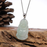 "Standing Buddha" Genuine Green Jadeite Buddha Pendant Necklace With Silver Bail